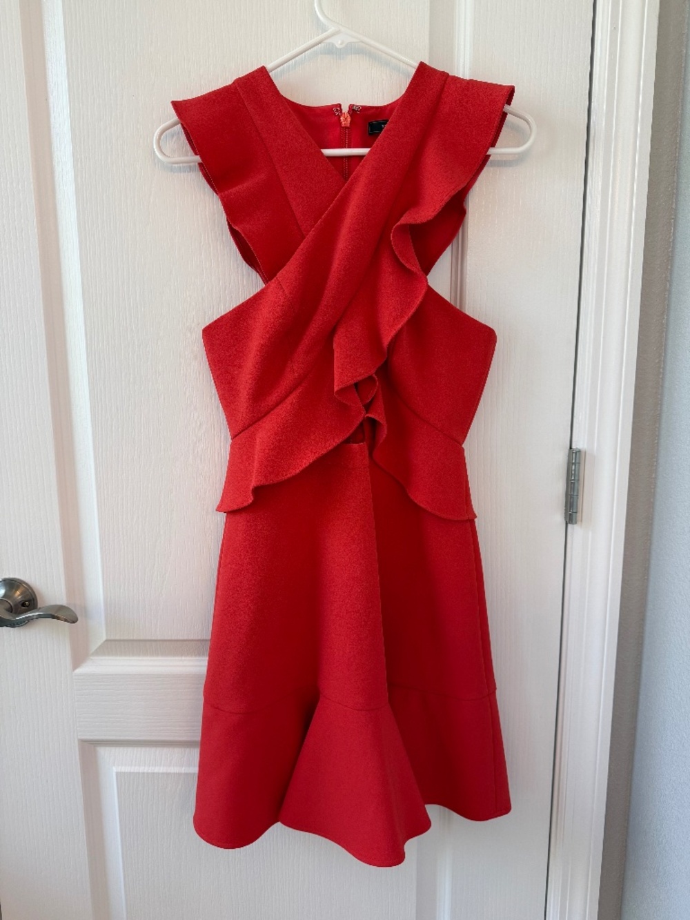 BCBGMaxAzria Careen Dress Mini Coral Red Ruffle Cutout Cocktail Party Size 2 - Picture 3 of 6